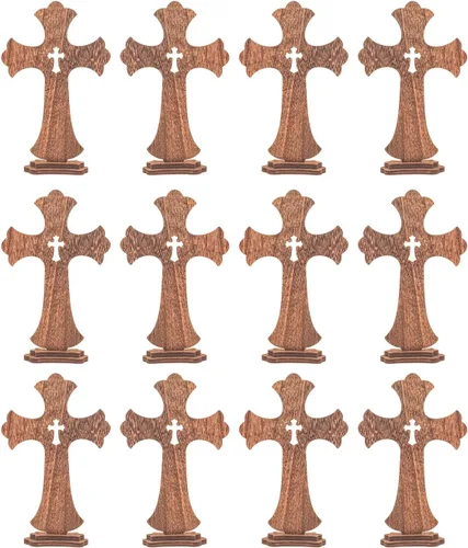 Miniatura 5 de Cruzes de pie de madera marrón de 9 pulgadas, paquete de 12, cruz de mesa rústica de madera para centros de mesa de bautismo, decoración de iglesia