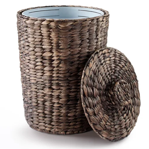 Miniatura 10 de Tidita Cesta de basura de mimbre de 4 galones, cubo de basura de baño de jacinto de agua con tapa, cubo de basura de baño estilo bohemio, cubo