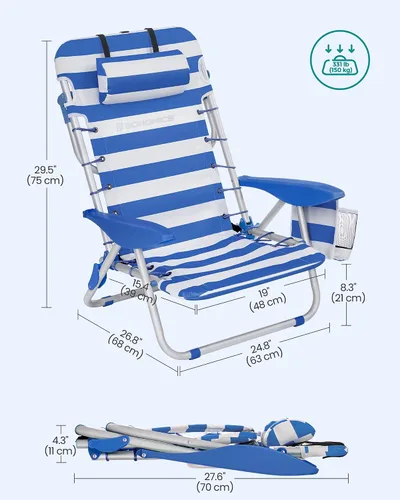 Miniatura 3 de SONGMICS Silla de playa portátil tipo mochila, capacidad de 331 libras, respaldo ajustable con 4 ángulos, 2 bolsillos laterales, toallero, azul