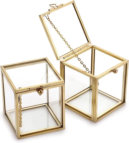 Hipiwe Paquete de 2 cajas organizadoras de joyas de vidrio vintage, pequeña caja de recuerdo de metal dorado, organizador de joyas de escritorio,