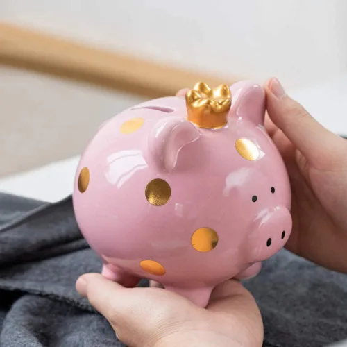 Miniatura 3 de Hucha de cerámica de dibujos animados, corona de cerdo, moneda, caja de dinero, caja de ahorro de monedas para adultos, niños y niñas (rosa)