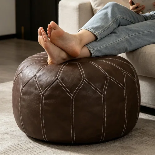 Miniatura 9 de Thgonwid Funda redonda sin relleno, otomana de almacenamiento de piel sintética, taburete marroquí bohemio, decoración multiusos para el hogar, sala