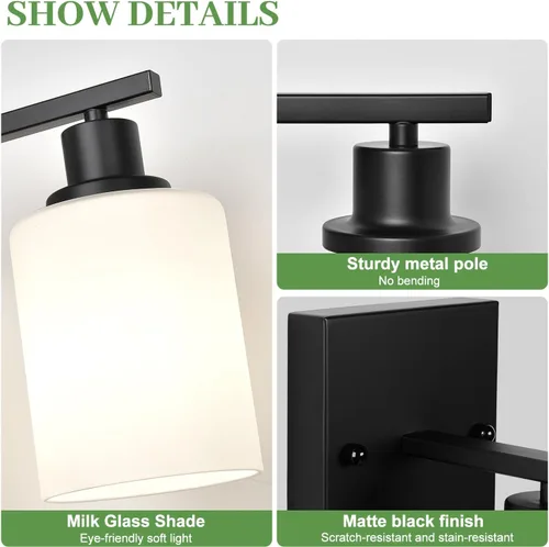 Miniatura 3 de MOKATNG Juego de 2 apliques de pared para baño, luces de tocador modernas negras con pantalla de vidrio blanco, lámpara de pared de baño