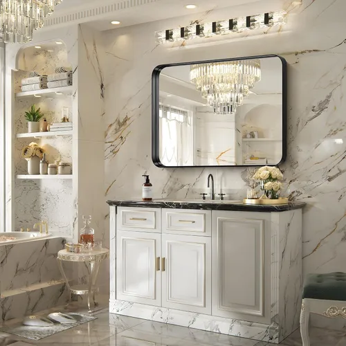 Miniatura 6 de FORBATH Espejo de baño de 30 x 36 pulgadas, espejo de pared de marco profundo negro cepillado con esquinas redondeadas, vidrio templado antióxido