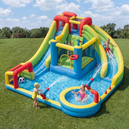 Miniatura 13 de Tobogán acuático inflable para patio trasero de niños con soplador de 450 W, castillo de salto con tobogán de agua, parque acuático para actividades