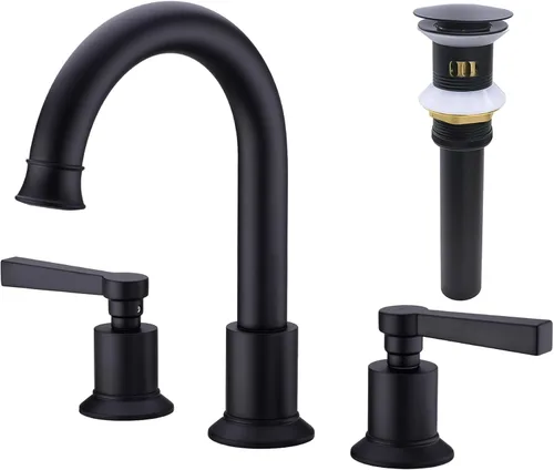 TRUSTMI Grifo de baño negro mate latón 2 manijas 8 pulgadas grifo de tocador de lavabo con desagüe de fregadero de desbordamiento de metal Mate negro