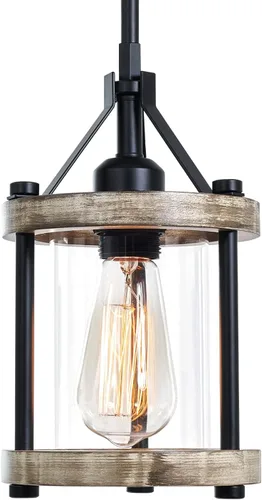 Lámpara Colgante de Granja, Accesorios de Luz Colgante de Madera Blanca Rústica y Jaula de Metal con Vidrio, 43 Pulgadas Ajustable para Techo Plano