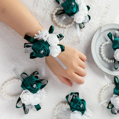 Miniatura 3 de 12 unids/lote mujeres novia novia dama de honor muñeca ramillete seda rosa perlas niñas boda mano flores decoración fiesta (verde)