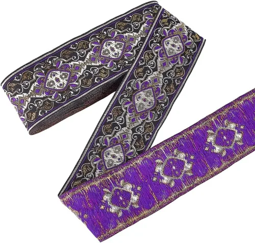 FINGERINSPIRE Cinta jacquard vintage de 7.7 yardas, 1.9 pulgadas, color negro, morado, patrón de flores de orquídea oscura, bordado, ribete étnico,