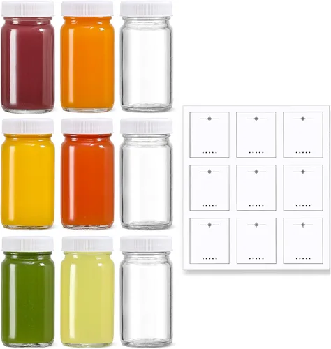 Miniatura 10 de Paquete de 9, botellas de vidrio de 2 onzas con tapas negras y 9 etiquetas, tarro pequeño transparente para jengibre, inyección de bienestar, jugo