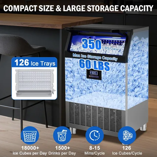 Miniatura 2 de Máquina comercial para hacer hielo de 350 libras/24 horas, 136 bandejas de hielo independiente y debajo del mostrador, máquina de hielo de acero
