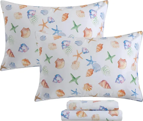 Miniatura 12 de FADFAY Juego de sábanas Queen con temática de playa, 100% algodón, ropa de cama costera súper suave, ropa de cama náutica de conchas marinas y Aqua