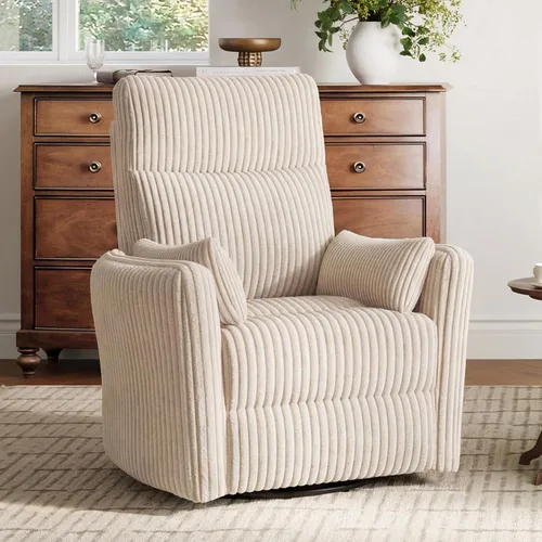 Miniatura 12 de LINSY Silla reclinable giratoria 360, mecedora para guardería con 2 almohadas, silla de enfermería de pana, cómoda silla de enfermería con respaldo
