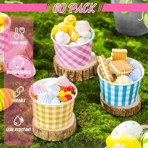 Miniatura 3 de Gerrii 60 vasos de papel desechables de 9 onzas, tazas de helado a granel, suministros de fiesta de cuadros de búfalo, taza de papel