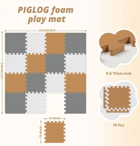 Miniatura 3 de Tapete de juego para bebé de 16 azulejos para piso, tapete de juego de espuma EVA con azulejos de espuma entrelazados de 0.6 pulgadas de grosor