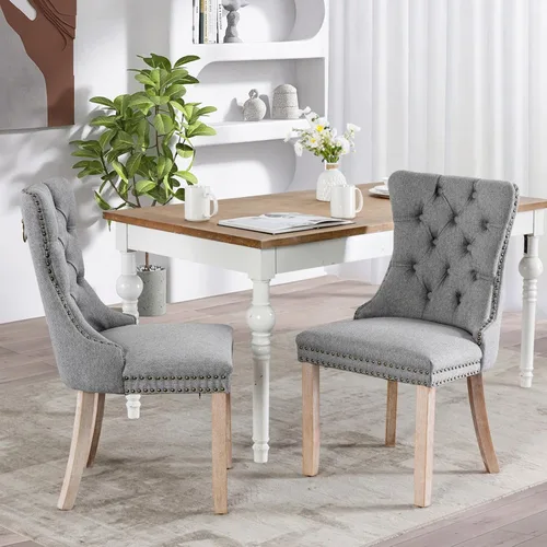 Miniatura 165 de SoarFlash Juego de 2 sillas de comedor de tela de lino, sillas de comedor tapizadas con ribete de cabeza de clavo y patas de madera de color claro