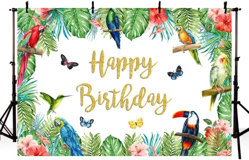 Miniatura 2 de MEHOFOND Telón de fondo de cumpleaños de pájaro tropical, tucán de verano, hojas de palma, purpurina dorada, pancarta de feliz cumpleaños, fondo
