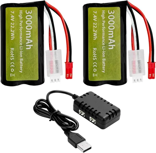 sea jump Batería de iones de litio de 7.4 V 3000 mAh 15C 2S con enchufe JST-2P y cargador 2 en 1 para UDIRC UD1601 UD1602 SG1603 RC Car 1/10, 1/12,