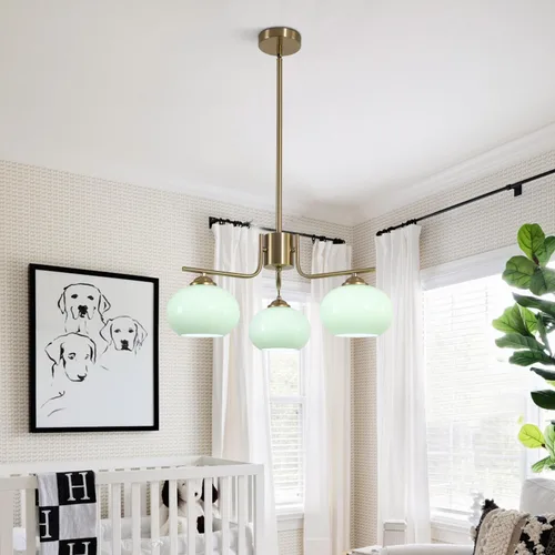 Miniatura 7 de KCO Lámpara de araña vintage de cristal verde con 3 luces de globo Sputnik, moderna lámpara de oro cepillado de mediados de siglo con montaje