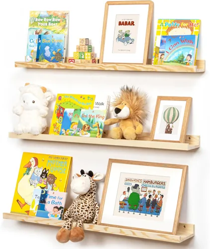 Miniatura 26 de FLYJOE Estante de repisa de fotos para pared, 24 pulgadas de madera de fresno maciza, estantes para libros de guardería, estantes flotantes