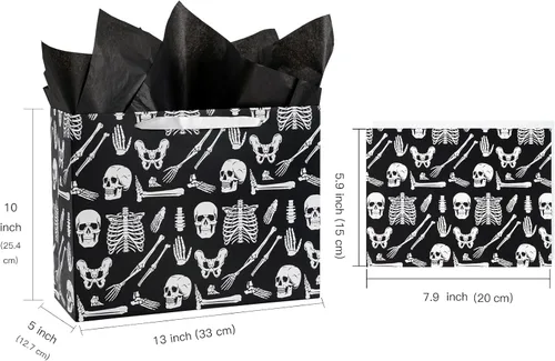 Miniatura 2 de WRAPAHOLIC Bolsa de regalo grande de esqueleto de Halloween con papel de seda y tarjeta, 10 x 5 x 13 pulgadas, bolsa de papel de esqueleto