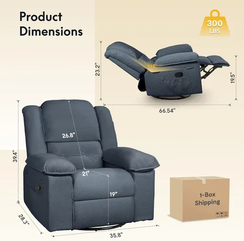 Miniatura 2 de Softa Silla reclinable giratoria para adultos con masaje y calor, sillón reclinable manual giratorio de 360° con bolsillo lateral, silla reclinable