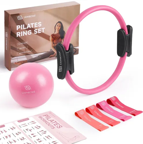 Miniatura 13 de LIONSCOOL Juego de Anillo de Pilates – Círculo Mágico Antideformación de 14 pulgadas con Asas Acolchadas, Mini Pelota, Bandas de Resistencia, Guía