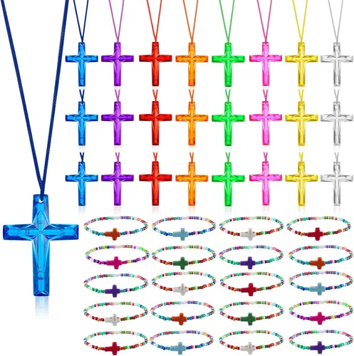Equsion 48 collares de cruz cristiana religiosa para fiestas de Pascua, incluye 24 collares de cruz de cristal de plástico, regalos de manualidades