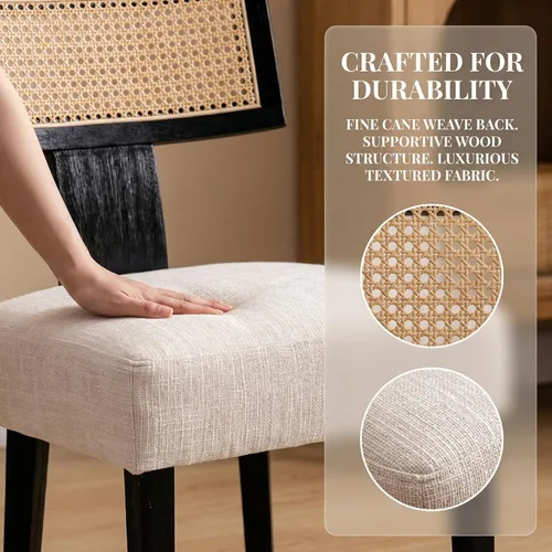 Miniatura 6 de HNY Juego de 2 sillas de comedor de ratán modernas de mediados de siglo, silla decorativa tapizada de lino de granja, sillas de cocina con respaldo