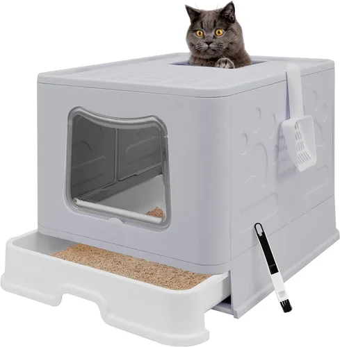 Miniatura 9 de Caja de arena plegable para gatos con tapa, orinal cerrado, inodoro grande de entrada superior antisalpicaduras, fácil de limpiar, incluye pala