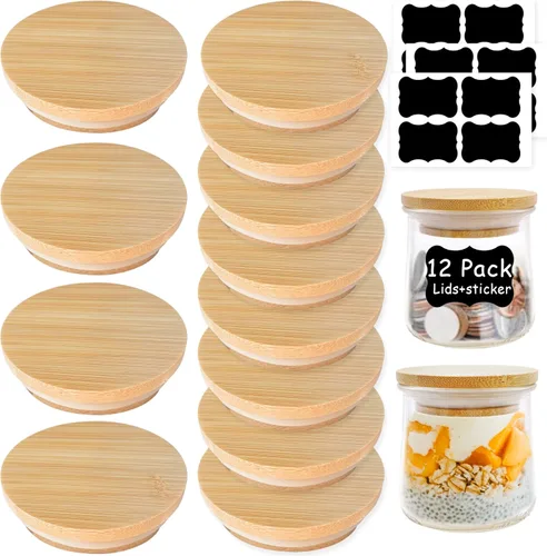 Tapas para tarros de yogur Oui - paquete de 12 tapas Oui - Bambú natural con anillos de sellado de silicona y etiqueta de botella de yogur Oui, para
