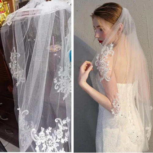 Miniatura 5 de AISIBO Elegante velo de novia con cuentas de cristal, velo de novia con peine, Blanco