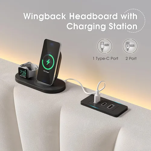 Miniatura 4 de EnHomee Marco de Cama Queen con Cabecera Alta de 51" Wingback, Cama Plataforma Tapizada en Terciopelo con Estación de Carga y Luces LED, No Necesita