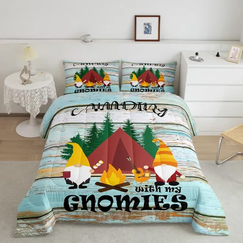 Miniatura 2 de Juego de ropa de cama de campamento para niños, tamaño individual, juego de edredón de gnomos kawaii para niños y niñas, edredón vintage de madera