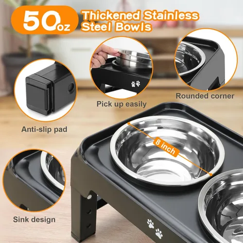Miniatura 4 de COMESOON - Tazones elevados para perros, soporte elevado de 4 alturas ajustables con 2 tazones gruesos de acero inoxidable de 50 onzas, Negro