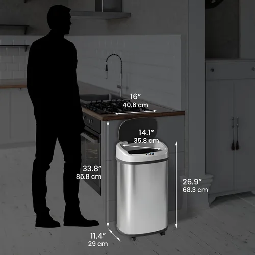 Miniatura 6 de SensorCan - Basurero con sensor de 13 galones con ruedas y sistema de control de olores AbsorbX, acero inoxidable, cubo de basura automático