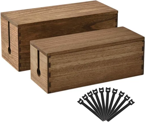 KIRIGEN Juego de 2 cajas de madera para organizar cables, organizador de cables grandes y pequeños de madera maciza, para ocultar regletas de