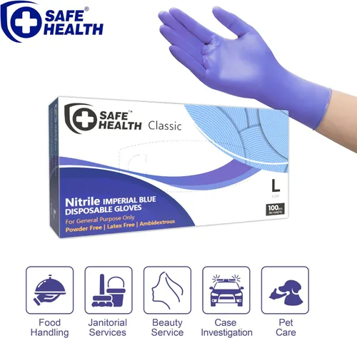 Miniatura 2 de Safe Health Nitrile Disposable Gloves, 3.5 Mil, Imperial Blue, Powder Free, Latex Free, Tattoo, Beauty, Salon, Car