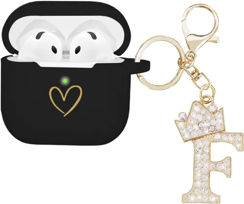 Miniatura 9 de Compatible con AirPods 4 Cover 2024, funda de silicona suave con patrón de corazón dorado para 4ª generación, llavero de letra A-Z con diamantes