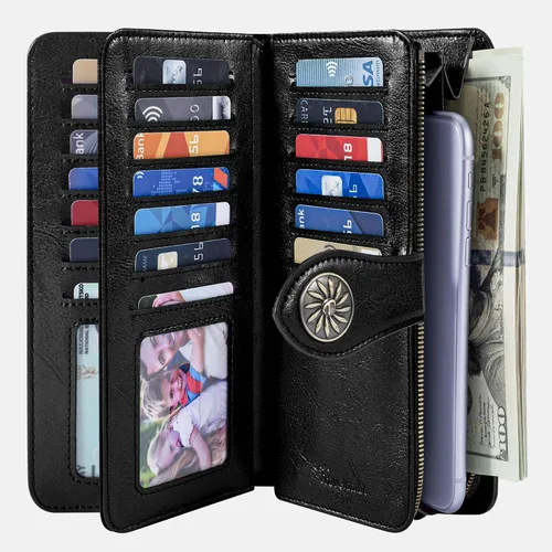 Miniatura 2 de Travelambo Cartera de mujer con bloqueo RFID para tarjetas de crédito, cartera de cuero de gran capacidad