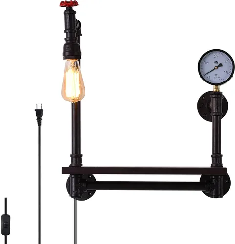 Decoración de pared rústica de estilo industrial vintage con base E26 de estilo Edison, lámpara de pared para casa de campo, con cable de 1.8 m shelf