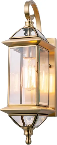 Lámpara de pared de cobre macizo para exteriores, linterna de porche de latón satinado de 18.5 pulgadas con vidrio transparente biselado, aplique de