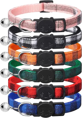 Paquete de 6 collares clásicos a cuadros para gatos con campanas, collar de gatito separable y ajustable de 6 a 9 pulgadas, lindo collar de gatito