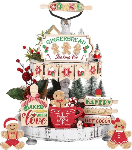 Miniatura 7 de Jetec 12 piezas de decoración de bandeja escalonada de Navidad, pan de jengibre, casa de pan de jengibre, copos de nieve, letrero de madera