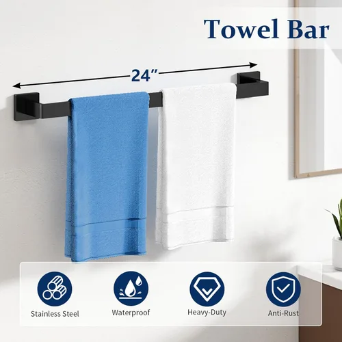 Miniatura 2 de STWWO Juego de 20 piezas de accesorios de baño negro mate, juego de toallas de baño de 24 pulgadas, toalleros de acero inoxidable para baño montado