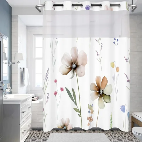 Miniatura 9 de Juego de cortina de ducha sin gancho con forro a presión, diseño floral moderno para baño, tela sin anillo, cortinas de flores impresas en acuarela