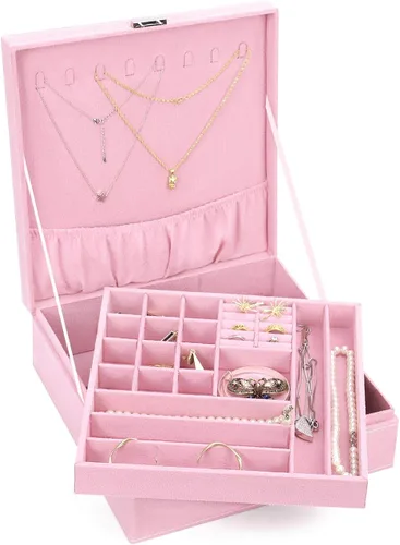 Miniatura 21 de MOSISO Joyero, organizador de almacenamiento de joyas, apilable, de doble capa, con bloqueo, para mujeres, collar, aretes, pulsera, anillo y broche