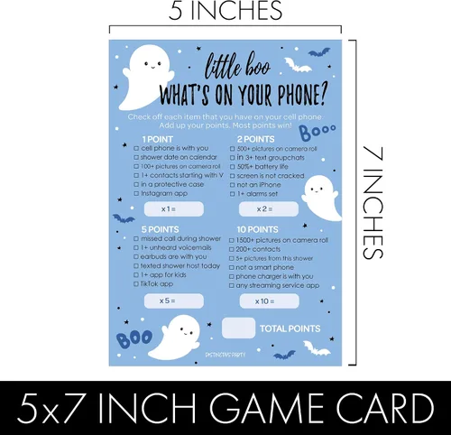 Miniatura 5 de DISTINCTIVS Blue Little Boo is Almost Due Halloween Boy Baby Shower Game Pack – 20 tarjetas de doble cara – Qué hay en tu teléfono y palabras