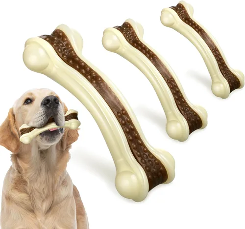 Miniatura 8 de Sosation Paquete de 3 juguetes masticables para masticadores agresivos, juguetes de hueso de nailon con sabor a carne de res, juguetes