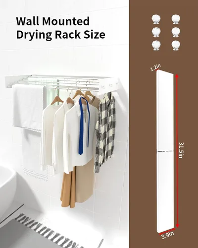 Miniatura 6 de YLGJ&TIDY Estante de secado de ropa montado en la pared, estante de secado de ropa de 31.5 pulgadas, estante de secado de ropa plegable con 5